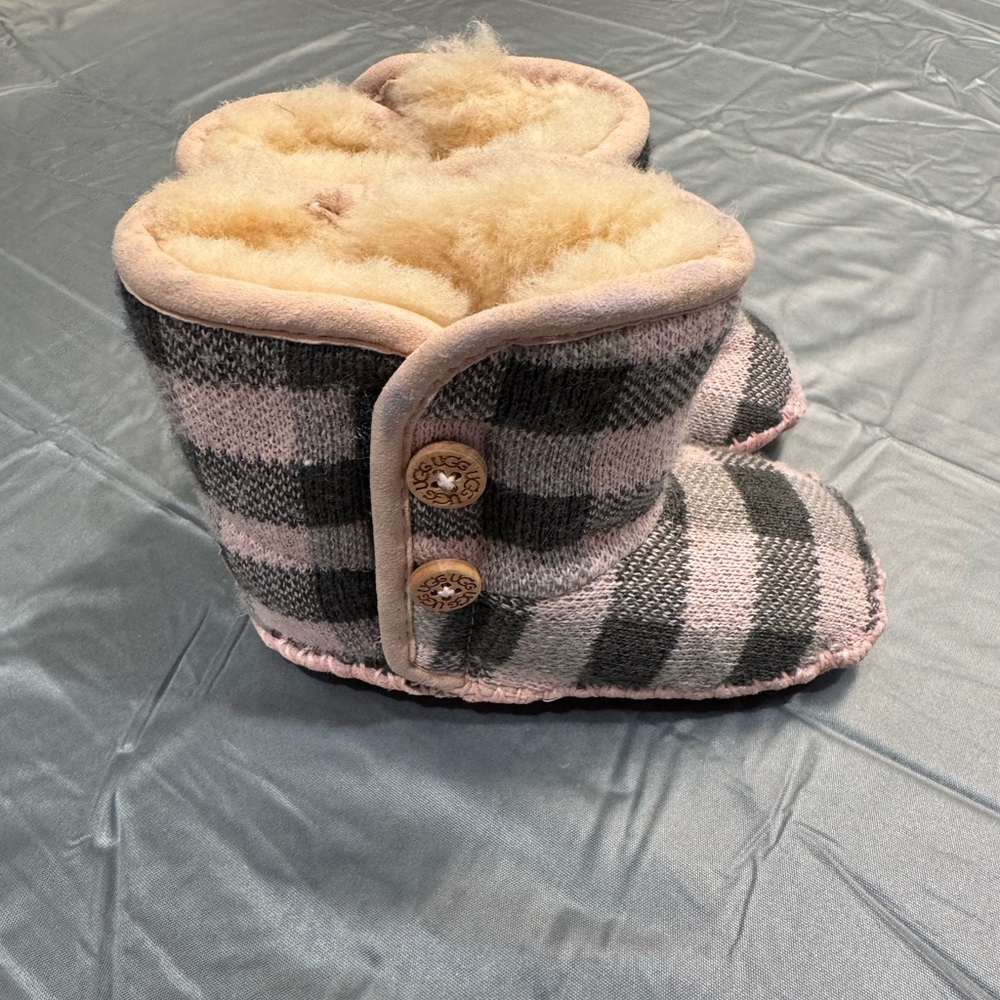 Pink & Gray Uggs Plaid Shearling Baby Booties